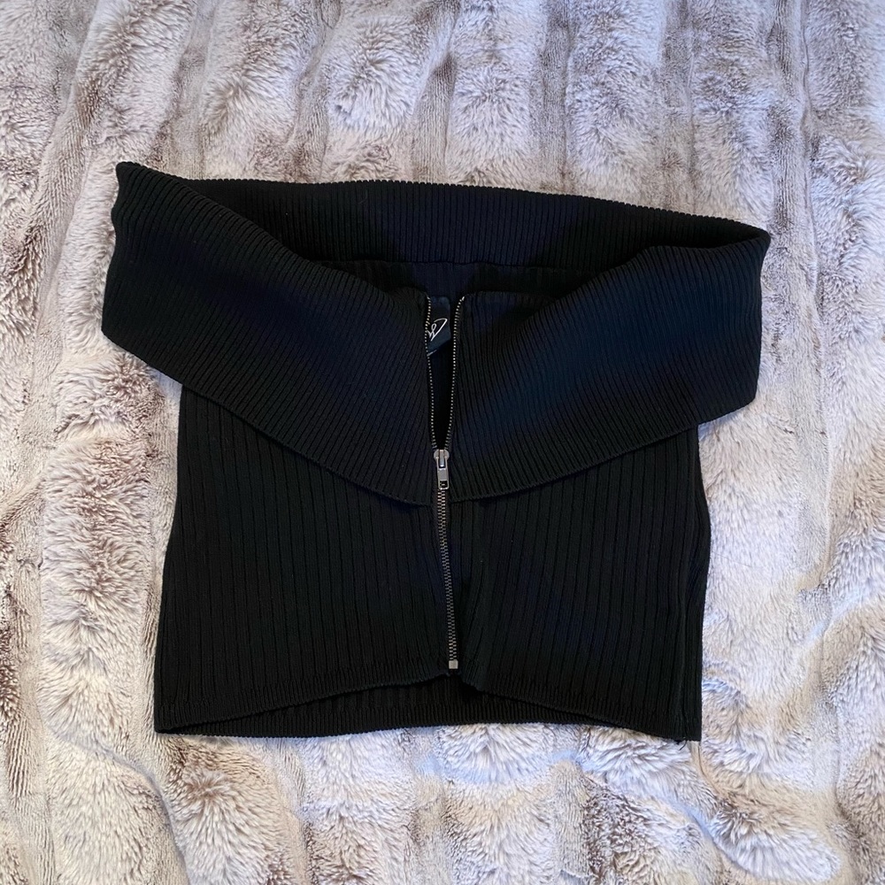 Black zip up, off shoulder crop top